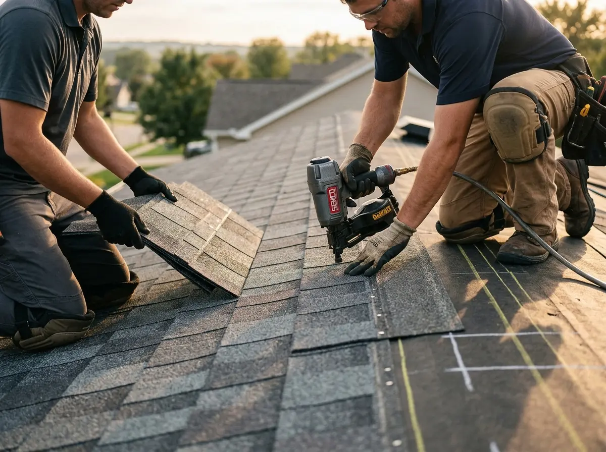 Professional roofer working on a residential roof in Uvalde